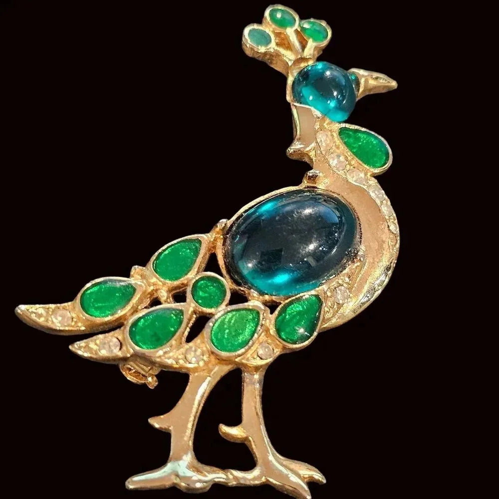 Vintage Peacock Brooch Pin Gold Tone Costume Jewelry Green Stones Unique Bird